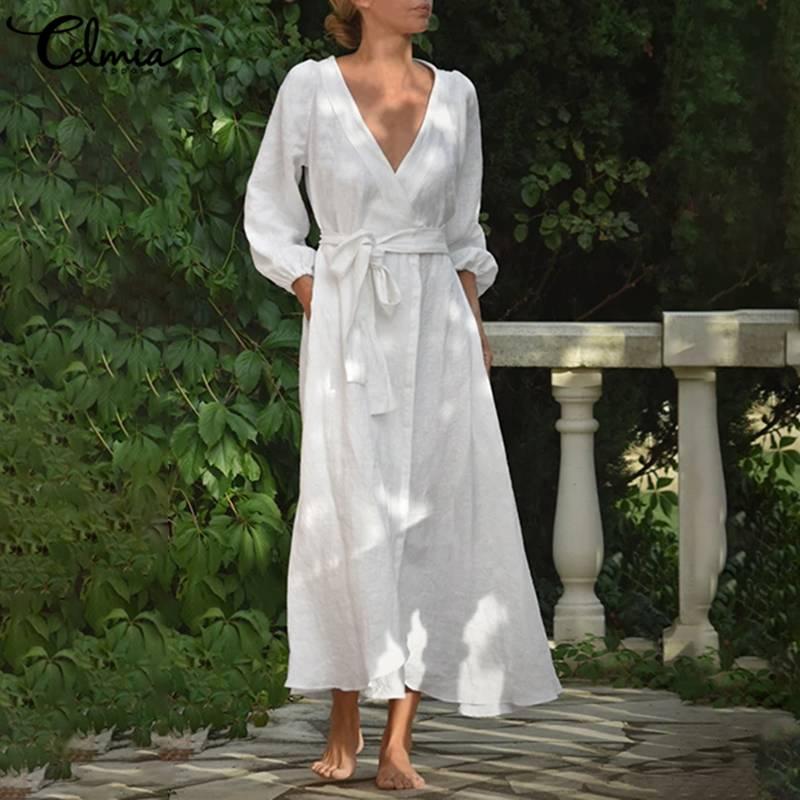

Casual Dresses Women Dress Celmia Holiday Maix Long Autumn Sleeve V Neck Female Belted Robe Solid Party Vestidos 7, Black