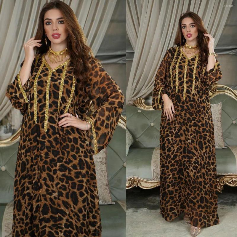 

Ethnic Clothing Leopard Print Spring Brown Diamonds Women's Long Abaya Dubai Middle East Fashion Arab Muslim Dress Robe Femme Musulmane
