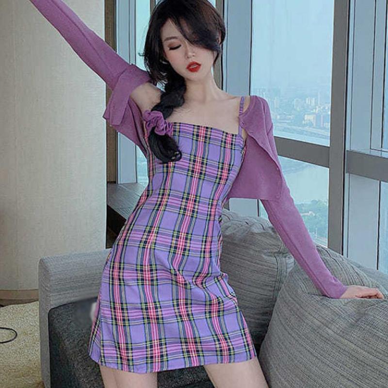 

Casual Dresses Sexy Sweet Plaid Suspender Women Cozy Slim Sling Dress High Waist Female Soft Vestido Summer Femme Kobieta Sukienka, Purple