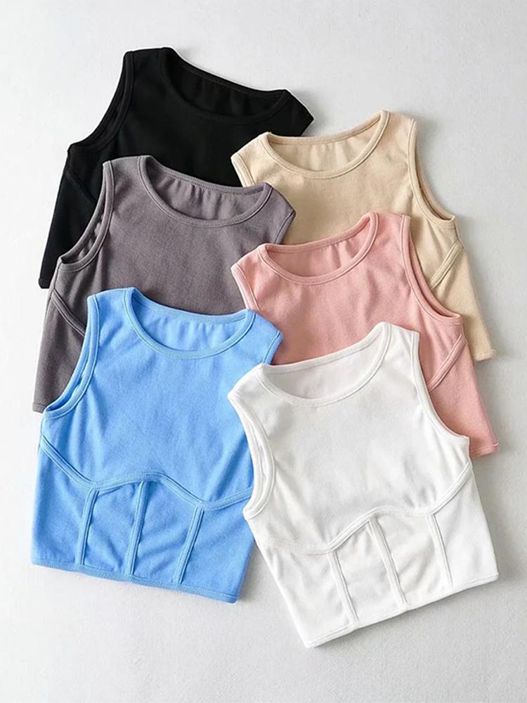 

Women' Tanks & Camis Summer Streetwear Corset Crop Top Elastic Cotton Sleeveless O-neck Solid Sexy Tank 6 ColorsWomen, Beige