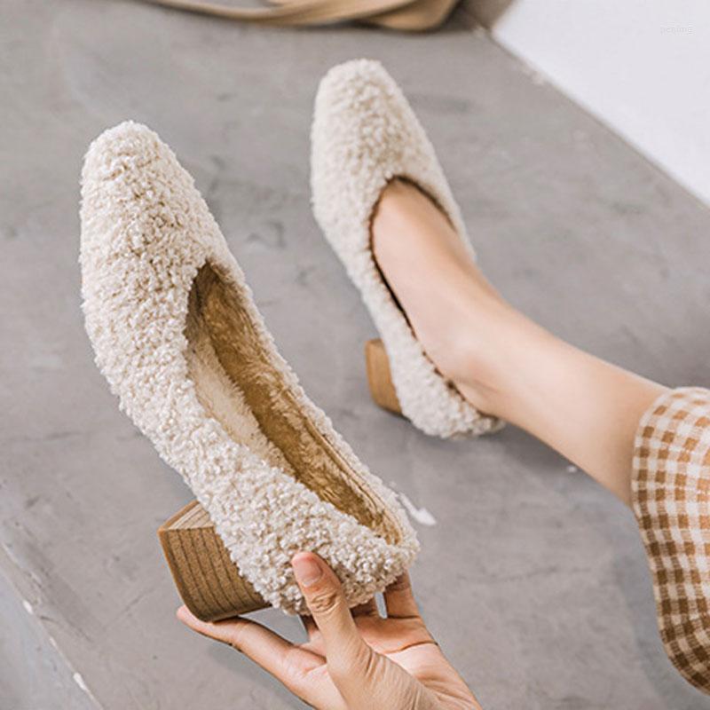 

Dress Shoes Luxury Lambwool Winter Cotton Women Warm Plush Pumps Square Toe Comfy Curly Sheep Fur Slip On Office, Khaki