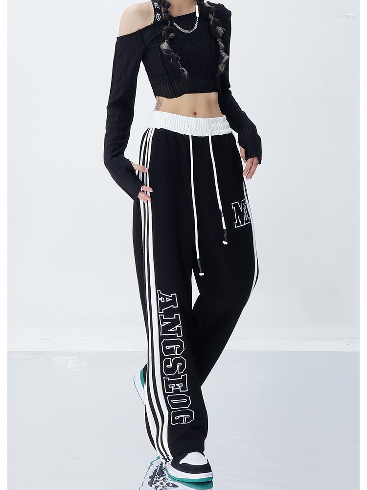 

Women's Pants QWEEK Hip Hop Streetwear Striped Black Joggers Sweatpants Women Harajuku Letter Print Oversized Wide Leg Sports Y2K Kpop