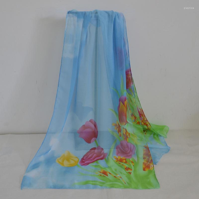 

Scarves Chiffon Silk Scarf Women's Printed Tulip Oil Painting Sarong Shawl Beach Accessories Long Wrap Female