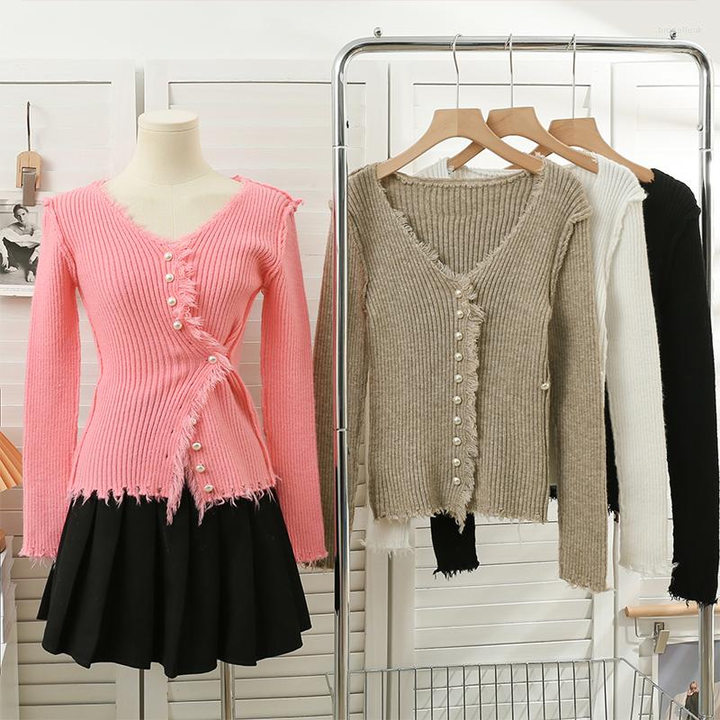 

Women's Knits Korean Fashion Tassel Cardigan Woman Solid Color V Neck Long Sleeve Sweater Women Pearl Diagonal Button Knit Top Drop, Black