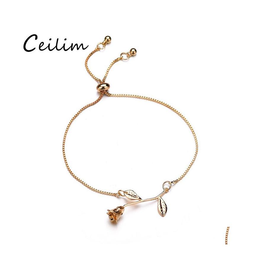 

Link Chain Fashion Rose Flower Charm Bracelet For Women Girl Bangle Alloy Adjustable Wedding Bridal Jewelry Gift 3 Colors Drop Deli Ot4Iz