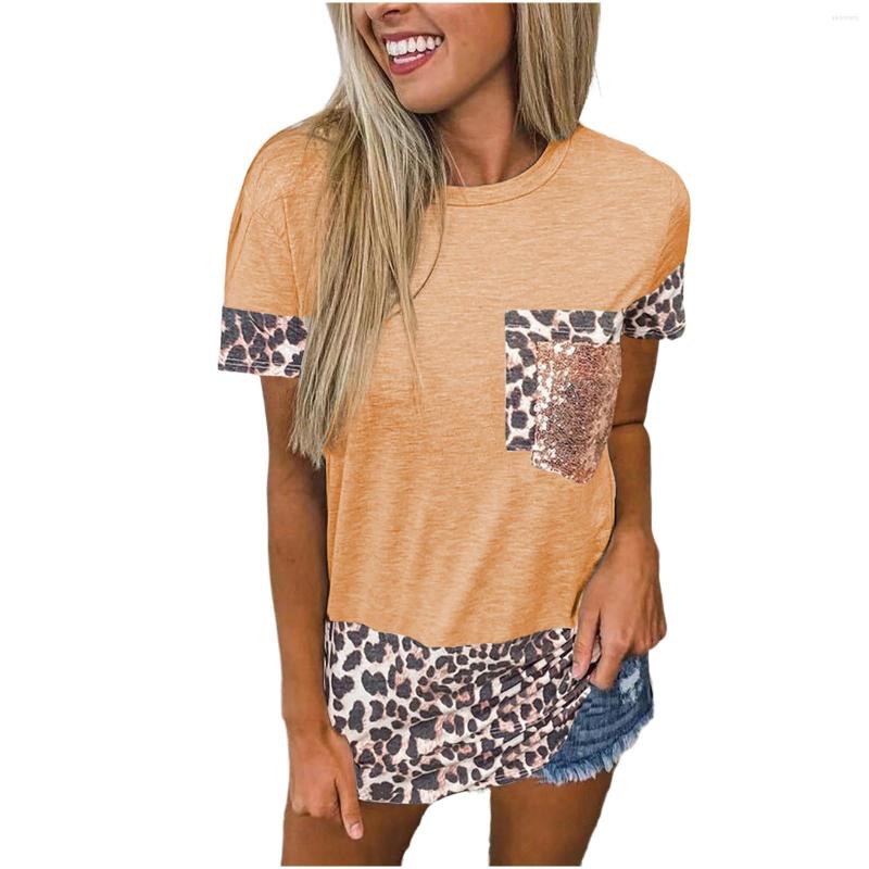 

Women's T Shirts Casual Tops Patchwork Women Tee T-Shirt Sleeve O-Neck Short Fashion Leopard Women's Blouse, Green