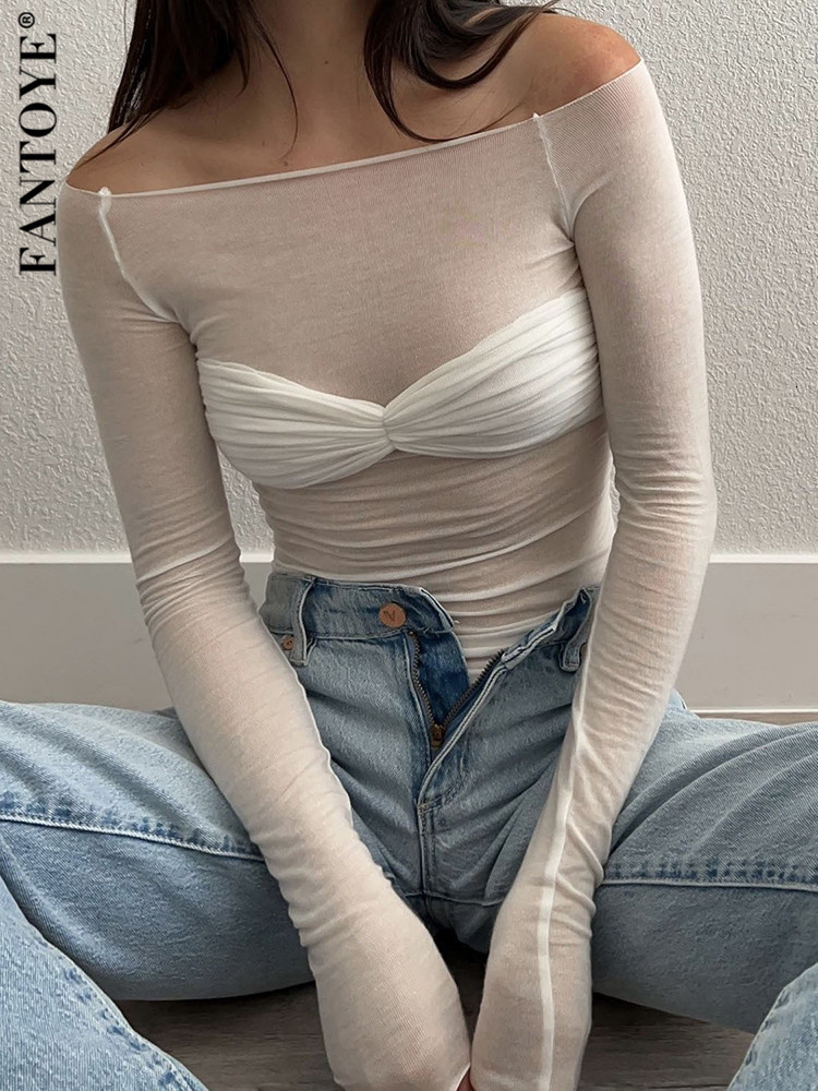 

Women' T-Shirt Fantoye Sexy See Through Mesh Women T-shirt White Off Shoulder Long Sleeve Ruched Female Spring Skinny Casual Streetwear 230202, Sky blue
