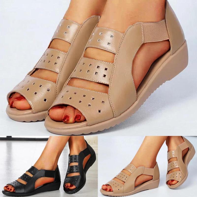 

Sandals Peep Toe For Women Leather Slip On Ladies Wedges High Heel Fish Mouth Casual, Black