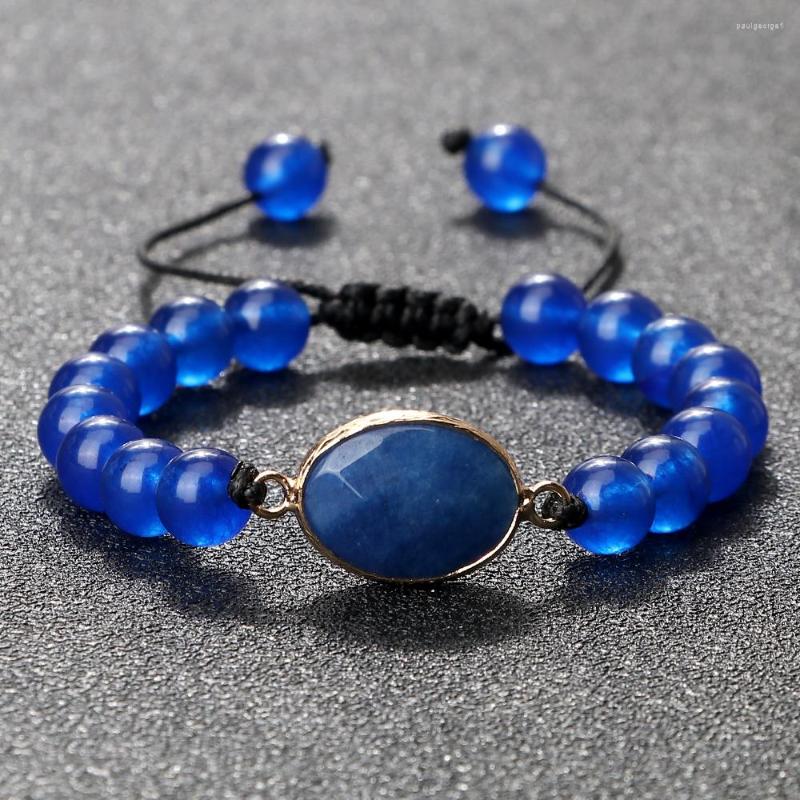 

Strand 6/8mm Fashion Men Beaded Bracelet Blue Chalcedony Natural Stone Braided Bracelets Women Oval Pendant Bangles Yoga Jewelry Gift