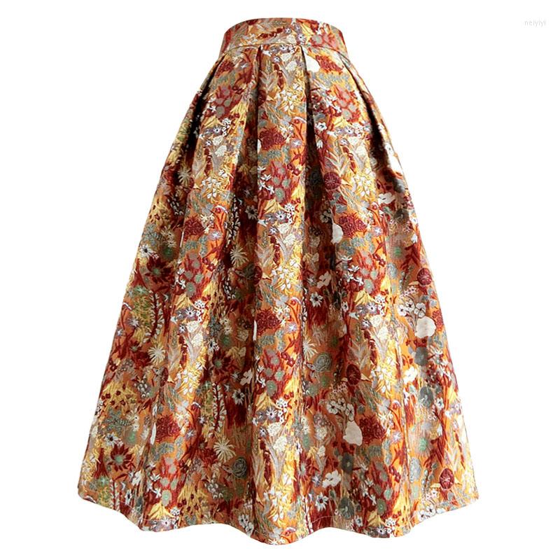 

Skirts Retro Spring Autumn Jacquard Printed Ball Gown Skirt Women High Waist Party Princess, Multi
