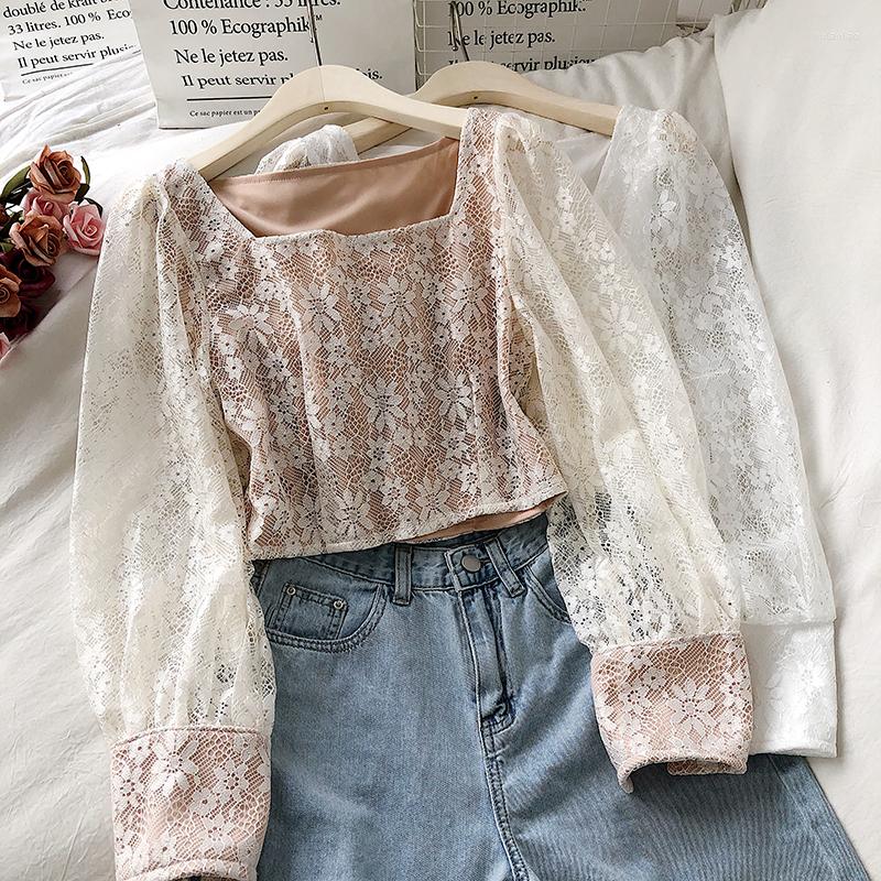 

Women's Blouses Vintage Square Collar Hollow Out Short Lace 2023 Chic Long Sleeve Female Shirts Korean Elegant Sexy Blusas Mujer, Black