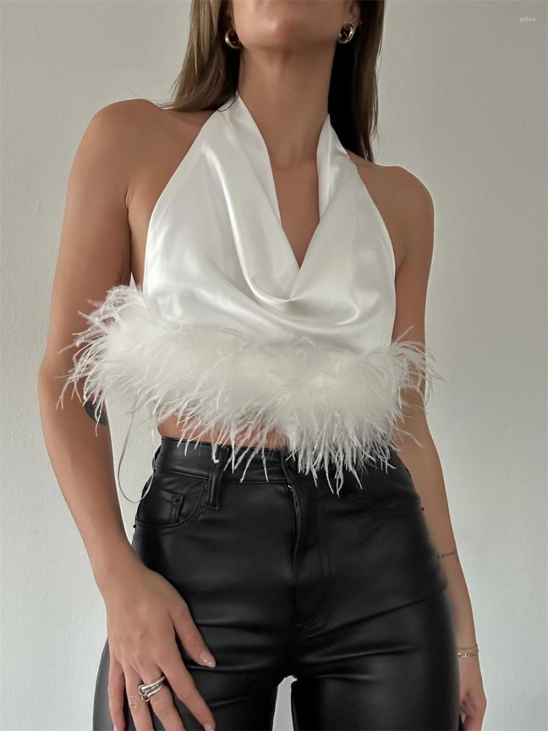 

Women' Tanks Wsevypo White Feathers Hem Halterneck Vest Tops Chic Fashion Women Deep V Cowl Neck Sleeveless Backless Street Crop
