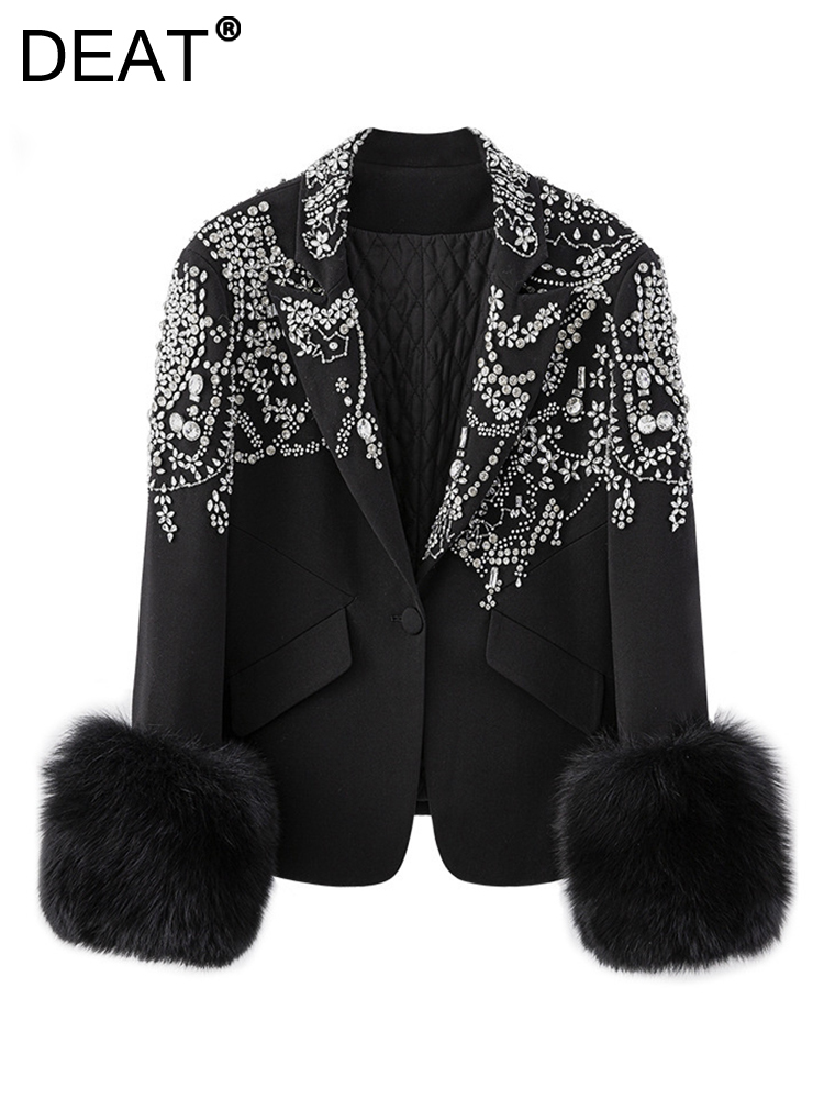 

Women's Suits Blazers DEAT Women Black Patchwork Diamonds Hairy Blazer Lapel Long Sleeve Slim Fit jackets Fashion Autumn 2023 7B0410 230203, Black normal