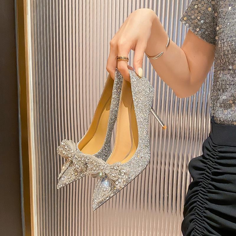 

Dress Shoes Luxury Bling Sequins Wedding Party Women Fashion Pearl Bow Thin Heels Pumps Woman Slip-on Crytsal High Female, Silver
