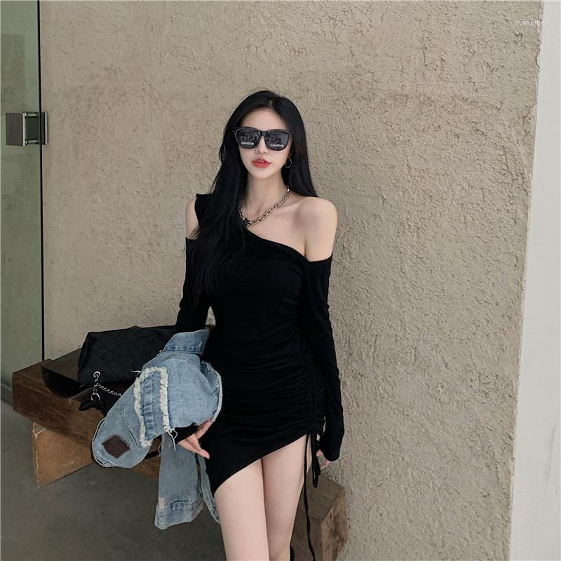 

Casual Dresses Slanted Shoulder Hollow Long-Sleeved Dress Women Spring 2023 Korean Elegant Slim Bodyc One-Piece Fashion Lady Vestidos, Black