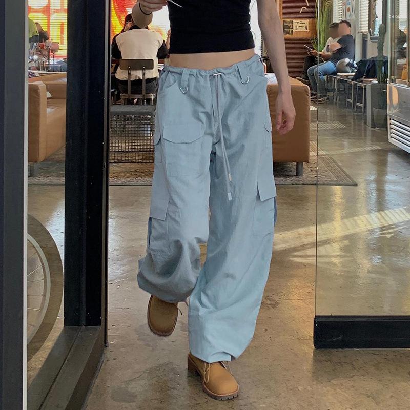 

Women' Pants Women Cargo Street Style Low Rise Pocket Patchwork Baggy Casual Harajuku Drawstring Lady Trousers Y2k Grunge, Blue