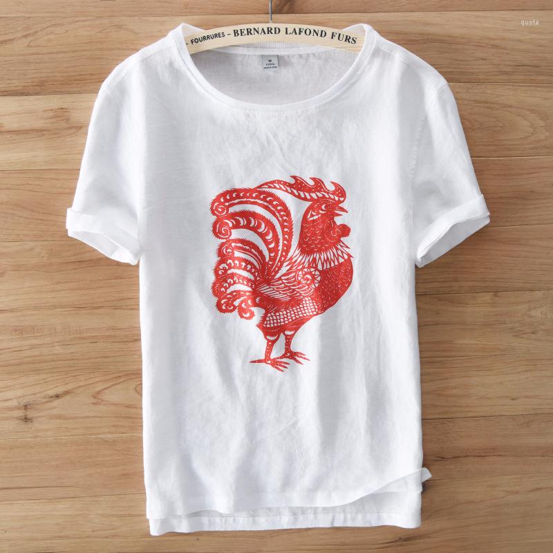 

Men's T Shirts Pure Linen O-neck Short Sleeve T-shirt With Rooster Paper-cut Print Summer White Casual T-shirts Men Arrivals Tees