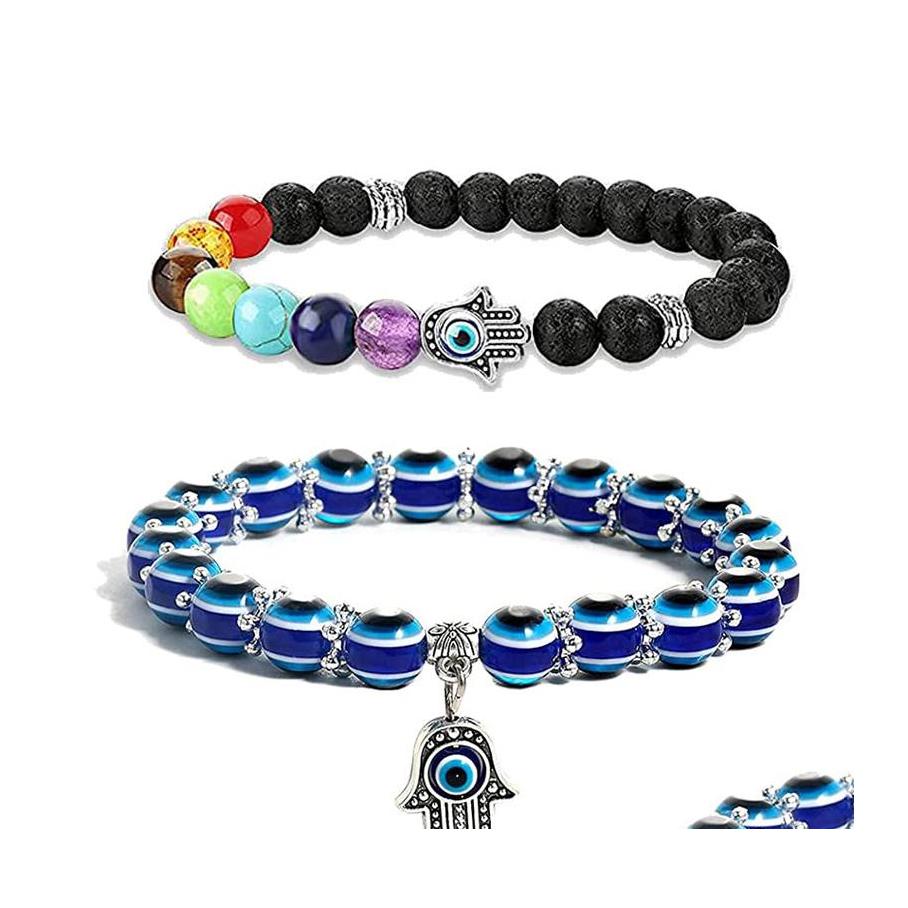 

Beaded Strands 2Pcs Evil Turkish Eye Hamsa Beaded Bracelet 7 Chakras Gemstone Lava Stone Fatima Hand Charm Bracelets Drop Delivery J Otmwo