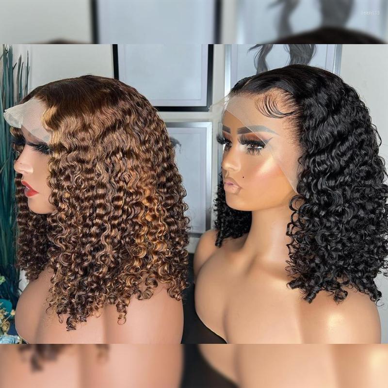 

Luvin Water Curly Highlight Wig Human Hair Colored Short T Part Lace Frontal Bob Wigs 180 Density For Black Women, Natural color