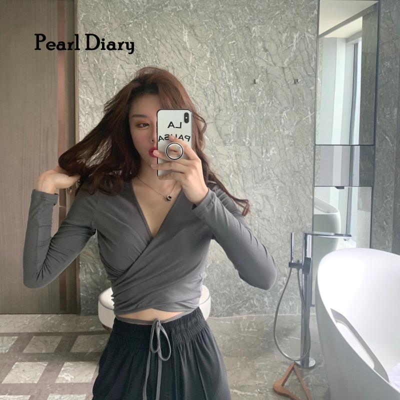 

Women's T-Shirt Pearl Diary Women Spring Autumn Solid Color V-neck Crossover Strap Retro Sexy Long Sleeve T-Shirt Fashion Knitting Top 230203, Yellow