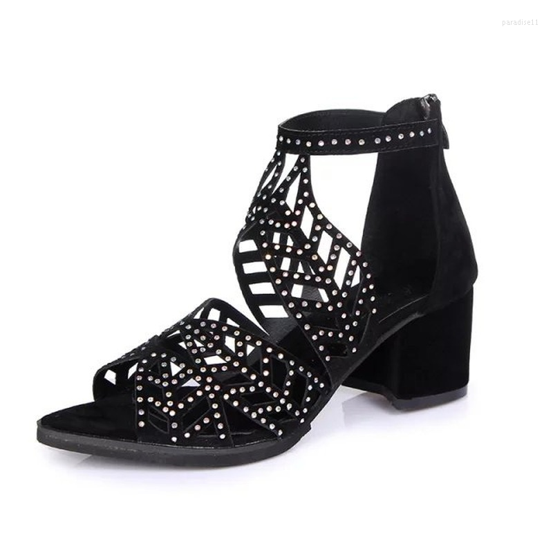 

Dress Shoes 2023 Women Summer Fashion Hollow Out Faux Leather Rhinestones Sandals Thick Heel Zipper Fish Zapatillas Muje, 404black
