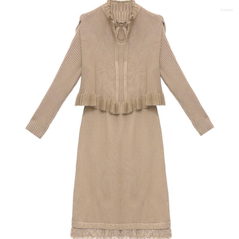 

Casual Dresses Women Elegant A-line Two Piece Sets Female Sweater Dress Autumn Winter High Waist Knitted Femme Medium Long Party T37, Red