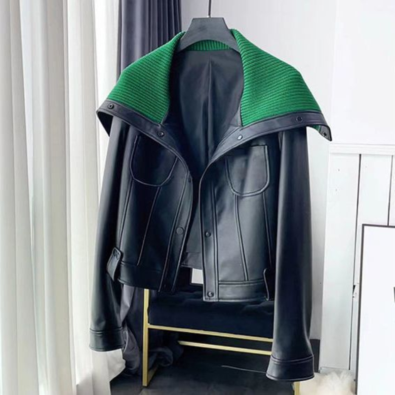 

Women' Leather Faux Fashion Contrast Color Patchwork Sailor Collar Coat Autumn Winter Harajuku PU Jacket Streetwear Gothic Y2k Top Feminino 230202, Black