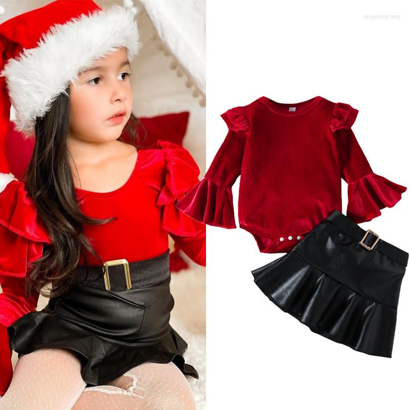 

Clothing Sets FOCUSNORM 0-4Y Lovely Kids Girls Christmas Clothes Set Long Flare Sleeve Solid Velvet Romper PU Leather A-line Skirt, Picture shown
