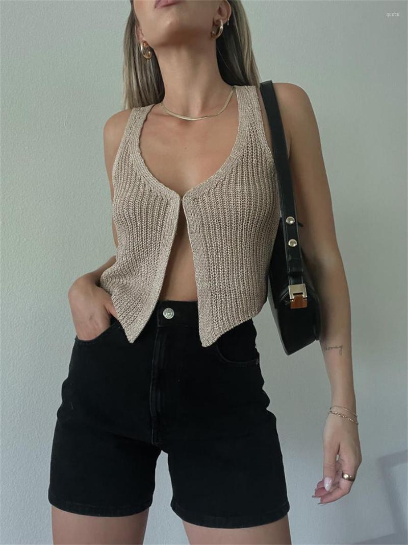 

Women' Tanks Wsevypo Elegant Casual Knit Vest Tops For Women Summer Chic Sleeveless V-Neck Buttons Crop Tank Party Street, Khaki