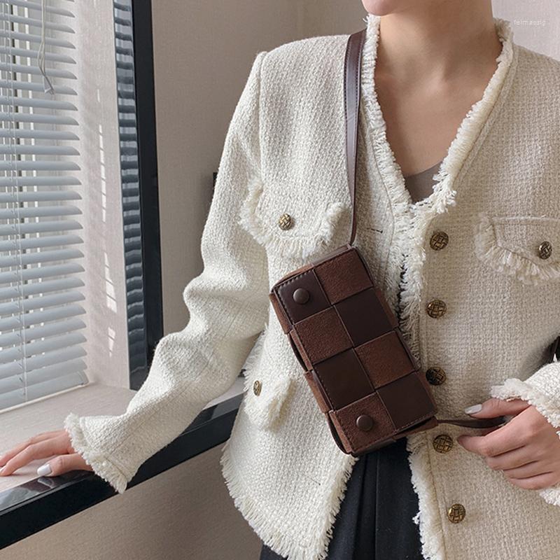 

Evening Bags Herald Fashion Women Pu Leather Mini Shoulder Crossbody Bag Designer Lady Plaid Print Chest Pack Luxury Female Weave Handbag, Brown