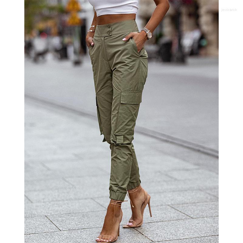

Women' Pants 2023 Women Autumn Fashion High Waist Pocket Button Design Cargo Casual Leggings, Black