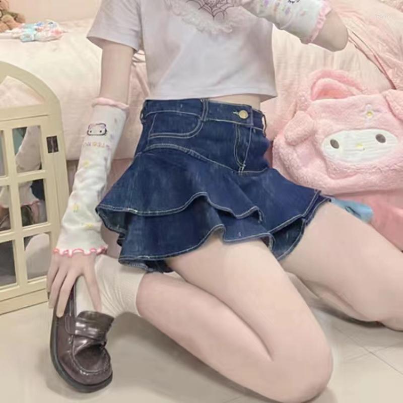 

Skirts Ruffles Denim Skirt Women High Waist With Shorts Summer Vintage Casual A-line Ball Gown Saia Short Jeans Mini Y2K, White