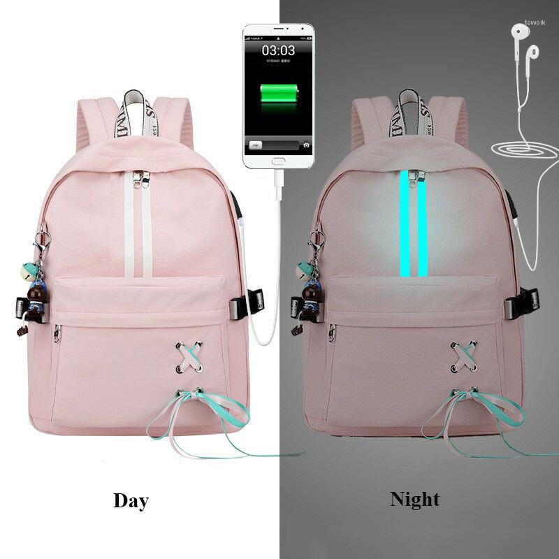 

Outdoor Bags Fashion Anti Theft Reflective Waterproof Women Backpack USB Charge School For Girls Travel Laptop Rucksack Bookbags, Pink