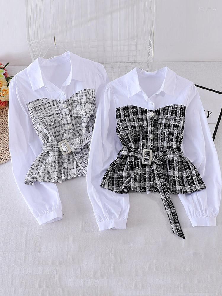 

Women's Blouses Women Plaid Shirt Female Autumn Korean Loose Long-sleeved Stitching Fake Two-piece Blouse Turn-Down Collar Top GX1145, Black