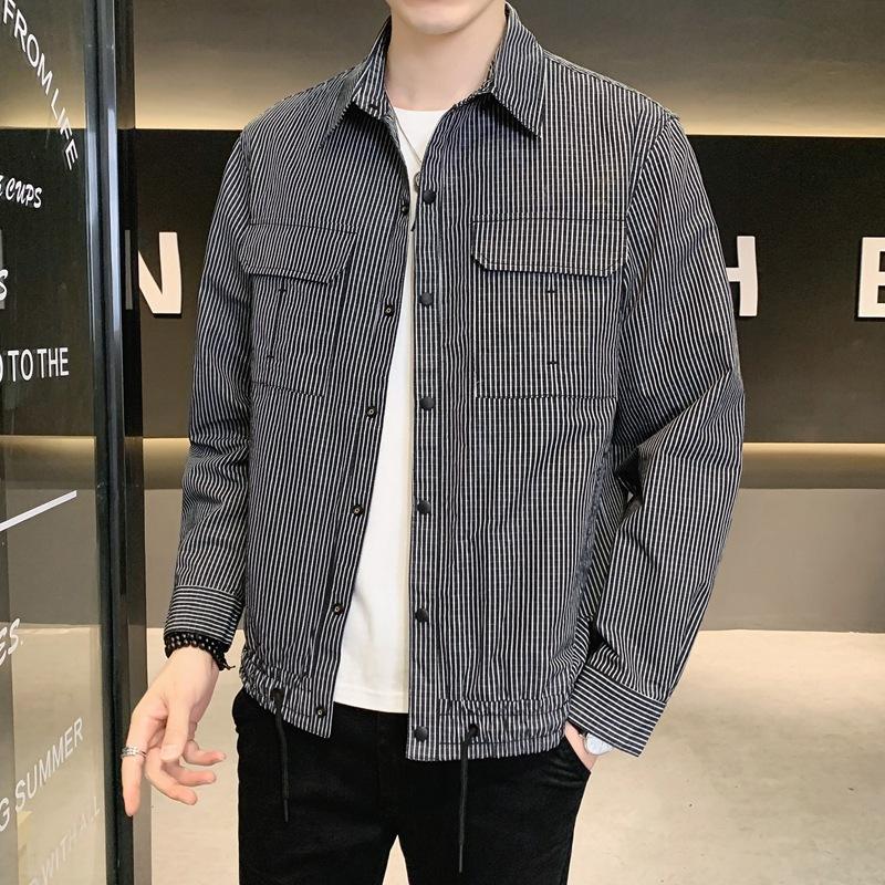 

Men's Jackets Spring Thin Striped Jacket Korean Fashion Lapel Casual Slim Fit Plaid Shirt Coats Male Brand TopsMen's, Black