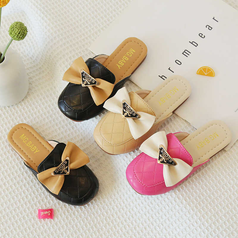

Slipper Spring Autumn Kids Mules Square Toe Slippers for Baby Girls Bow Plaid Leather Flats Slip on Casual Shoes Children Slides 119A 0203, Rose red