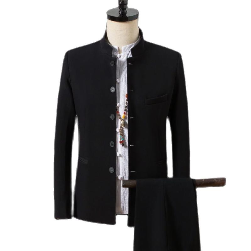 

Men's Suits & Blazers Chinese Style Herfst Pak Men Effen Colour Random Stand Kraag Jas Broek 2 Stuks Set, Black