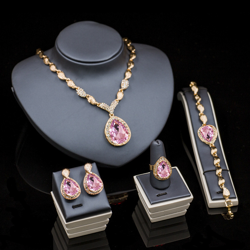 

Wedding Jewelry Sets Pink Crystal for Women Set Bridal Pendants Necklace Earrings Bracelet Rings Accessory 230203