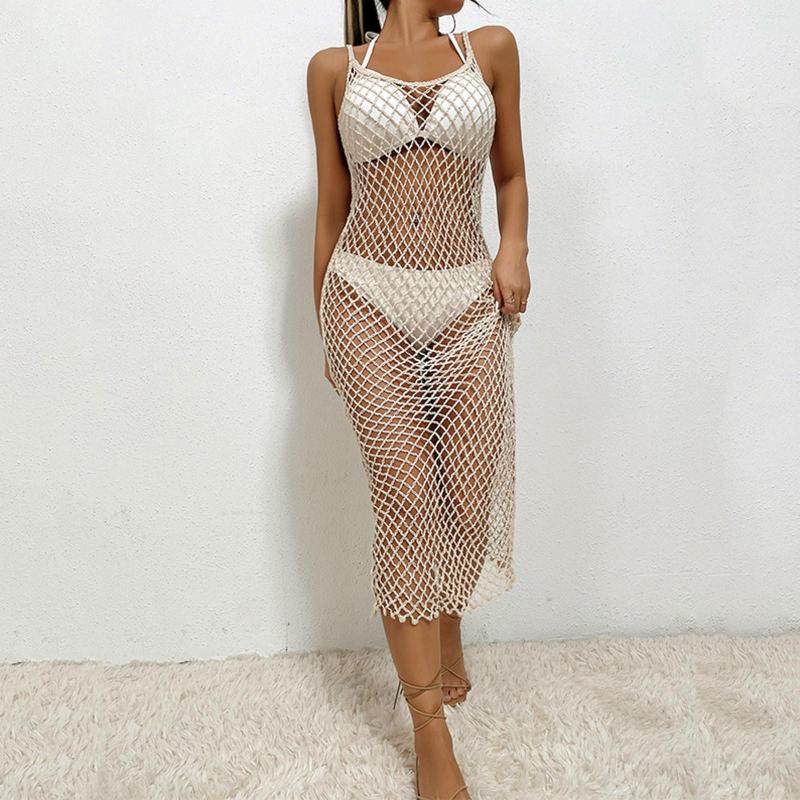 

Women's Swimwear Bikini Bottom Cover Up Women Sexy Hollow Grid Beach Skirt Outer Camisole Dress Ups, Beige