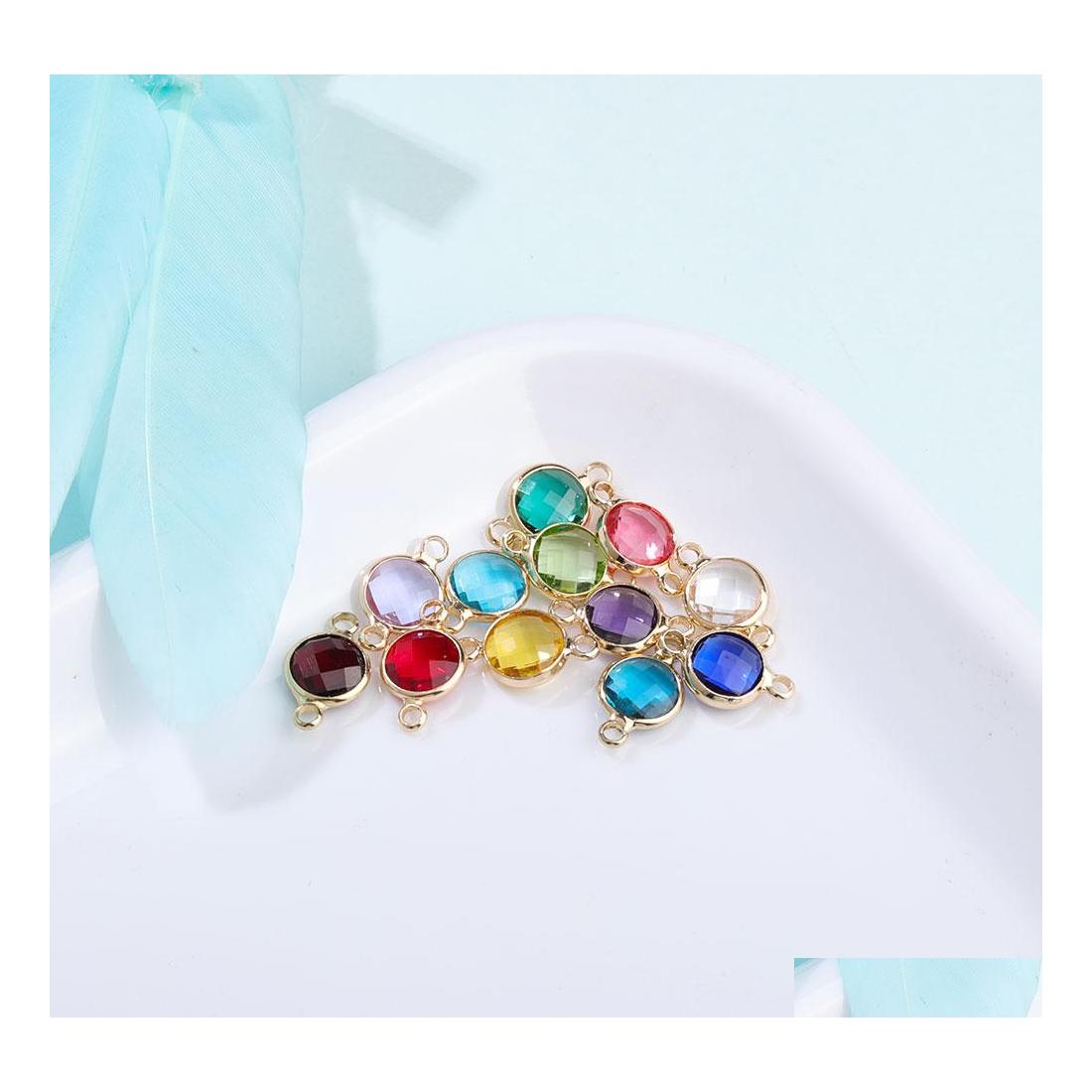 

Charms 10Pcs Round Gold Crystal Birthstones Double Hole Connectors Charm Beads Bracelet Necklace Jewelry Making Diy Accessories Drop Otov6