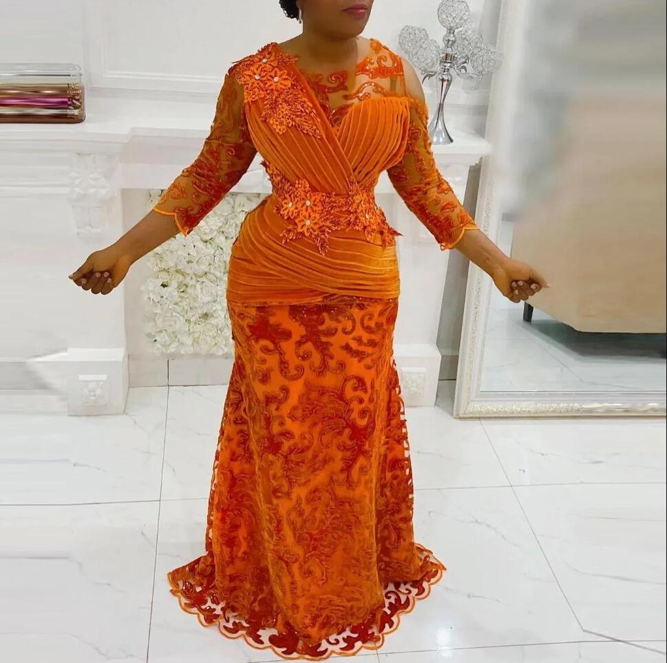 

Orange Aso Ebi Mermai Mother's Dresses with Long Sleeve Sequined Lace Appliques African Groom Mom Wedding Party Gown