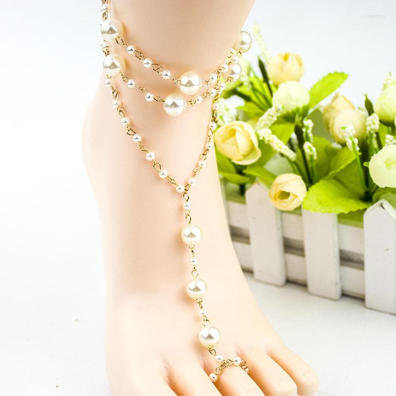 

Anklets 1pc Boho Summer Imitation Pearl Foot Anklet Fashion Toe Chain Jewelry Beach Barefoot On Leg For Women Wholesale