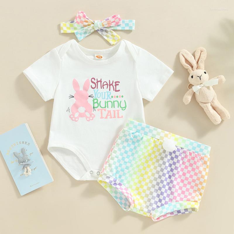 

Clothing Sets FOCUSNORM 3pcs Infant Baby Girls Boys Easter Clothes Letter Print Short Sleeve Romper Checkerboard Shorts Headband, Picture shown