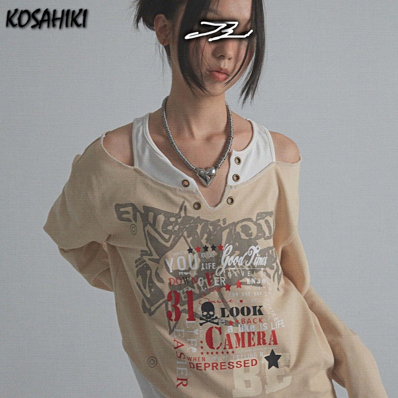 

Women' T-Shirt KOSAHIKI Punk Asymmetrical Off Shoulder Long Sleeve T-shirt Women Harajuku Gothic Print Patchwork Tshirts Y2k Aesthetic Top 230203, Beige