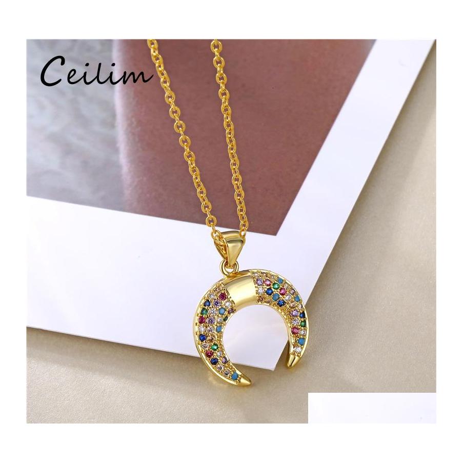 

Pendant Necklaces Crescent Moon Rainbow Cz Necklace For Women Gold Long Chain Zircon Design Jewelry Gift Drop Delivery Pendants Ot4Yt