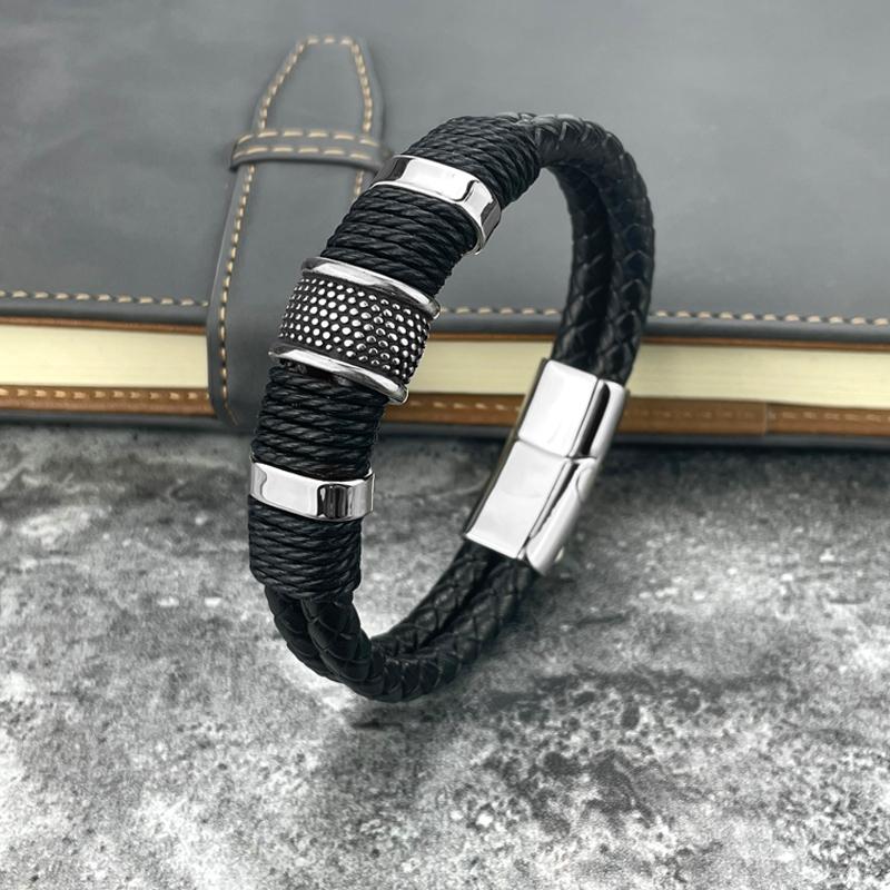 

Charm Bracelets Wholesale Woven Leather Rope Wrapping Special Style Classic Luxury Stainless Steel Men's Bracelet Double-layer DesignCha