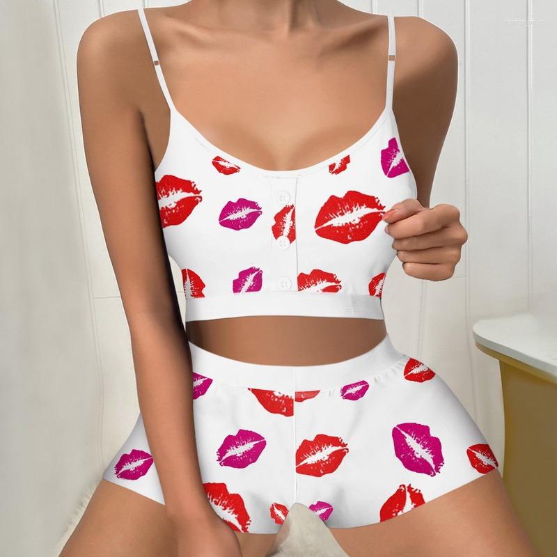 

Women' Sleepwear Lips Printed Two Piece Women' Set Sleeveless Cropped Top AND Skirts 2 Sets Women 2023 Spring Summer Casual Ladies