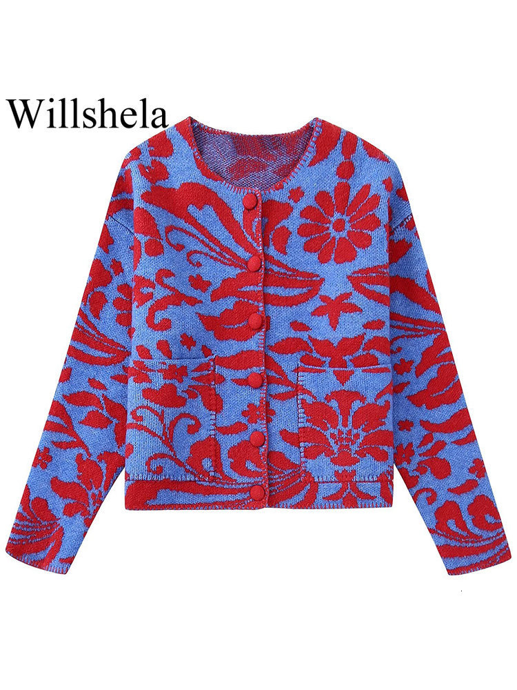 

Women's Knits Tees Willshela Women Fashion Jacquard Printed Single Breasted Cardigan Sweater Vintage Long Sleeves O-Neck Female Chic Lady Outfits 230202, Multi