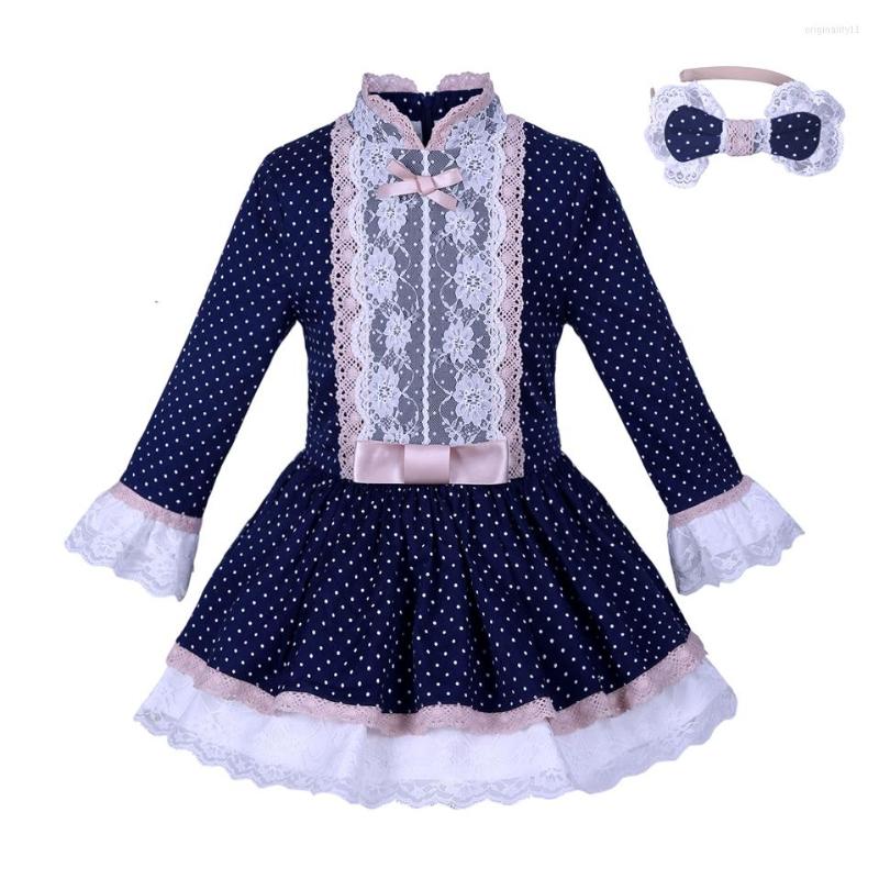 

Girl Dresses Winter Elegant Lace Navy Polka Dots For Girls Kids Boutique Children Clothing Outfits 2345681012Yrs &Headband, Blue