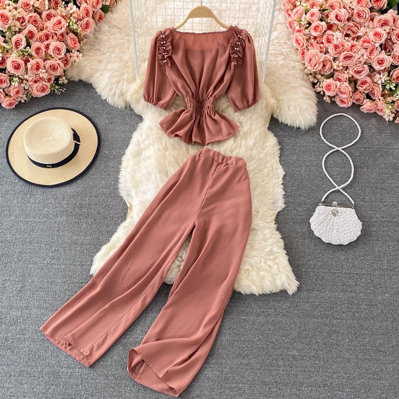 

Women's Two Piece Pants Sexy Crop Top Long Pant Set Women Summer Square CollarTops Wide Leg Party 2 Sets Mujer Multiple Answers, Picture color